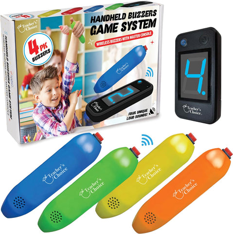 Wireless Handheld Game Buzzer System - Displays First Buzz-in - Great for Jeopardy, Family Feud, Trivia and Buzzer Games - Console with Joystick Buzzers